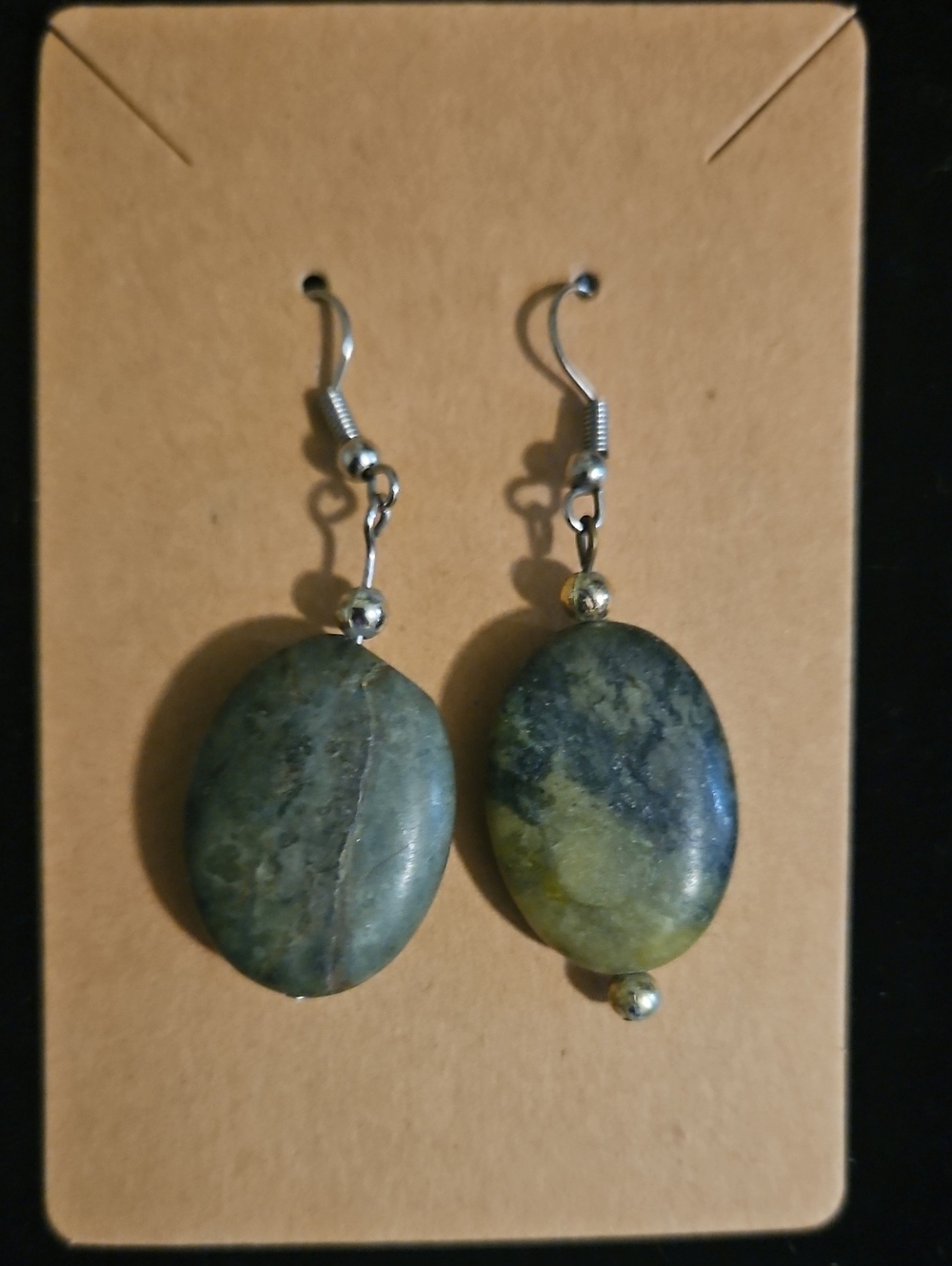 Natural Green Oval Stone Drop Earrings with Silver Accents